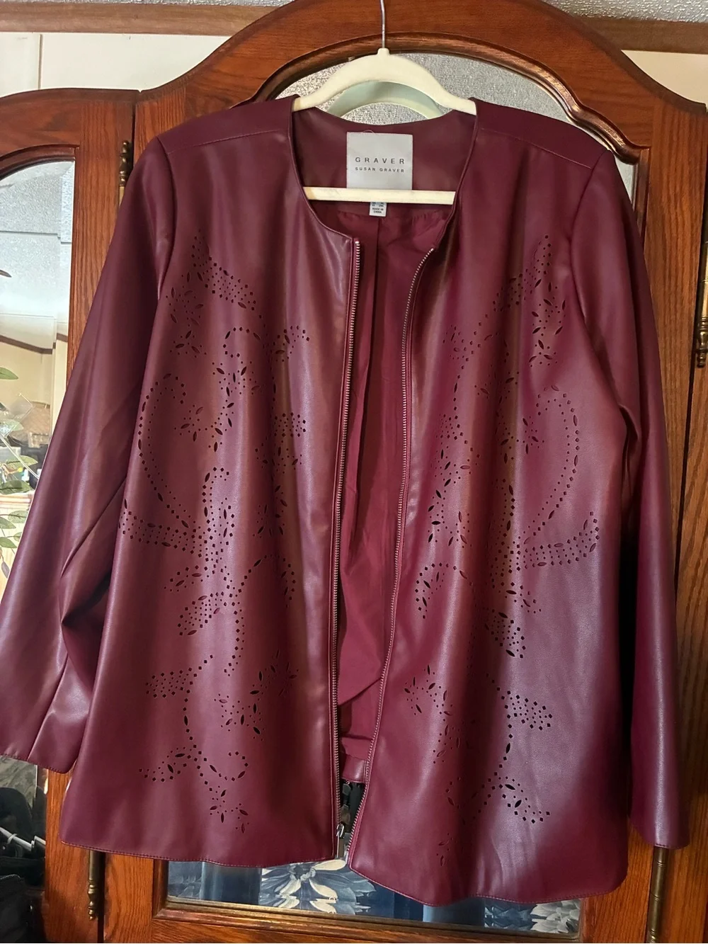 Susan Graver Burgundy Faux Leather Laser-Cut Zip Jacket